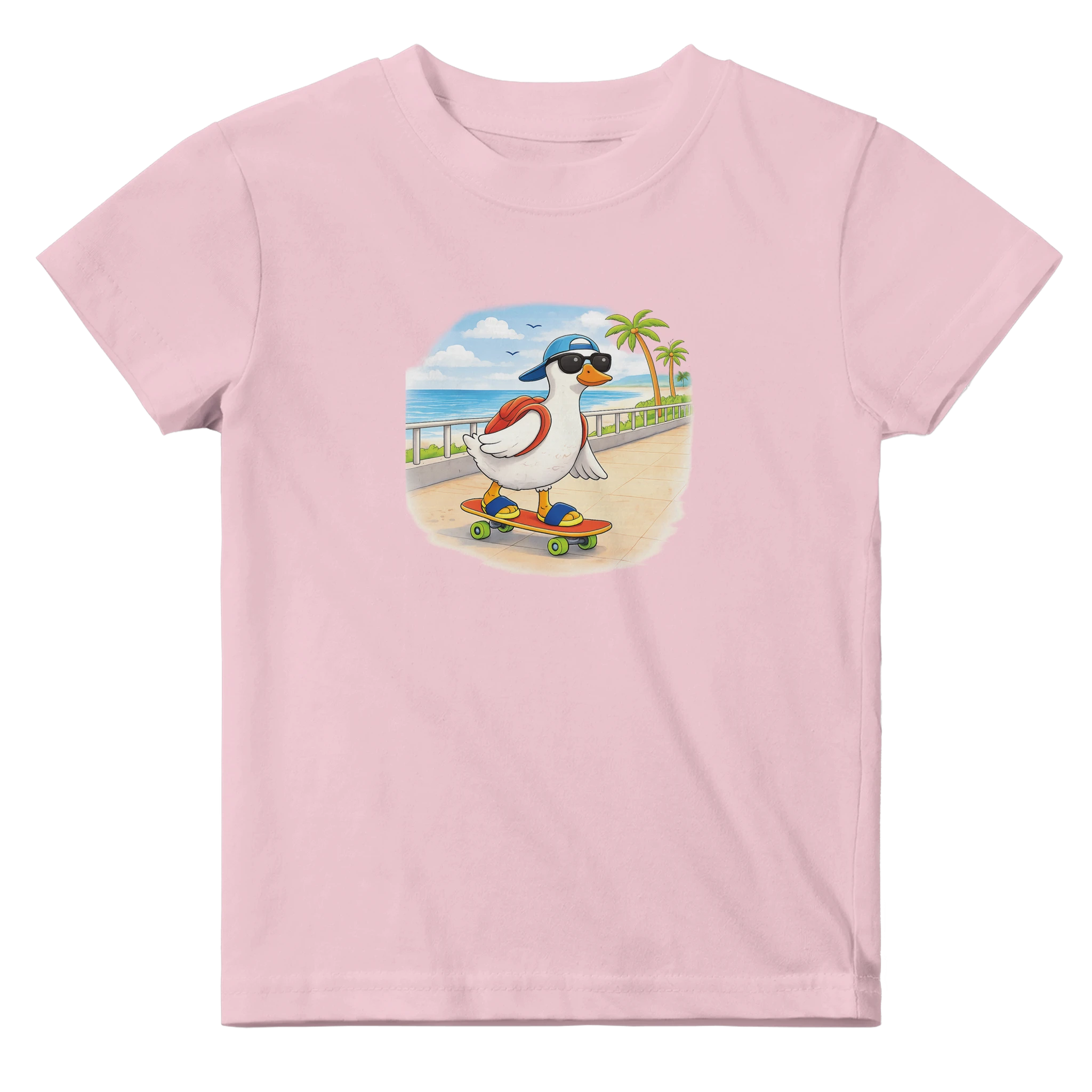 Pink baby duck skateboard graphic t-shirt with cute animal design, infant summer outfit and matching family baby clothes