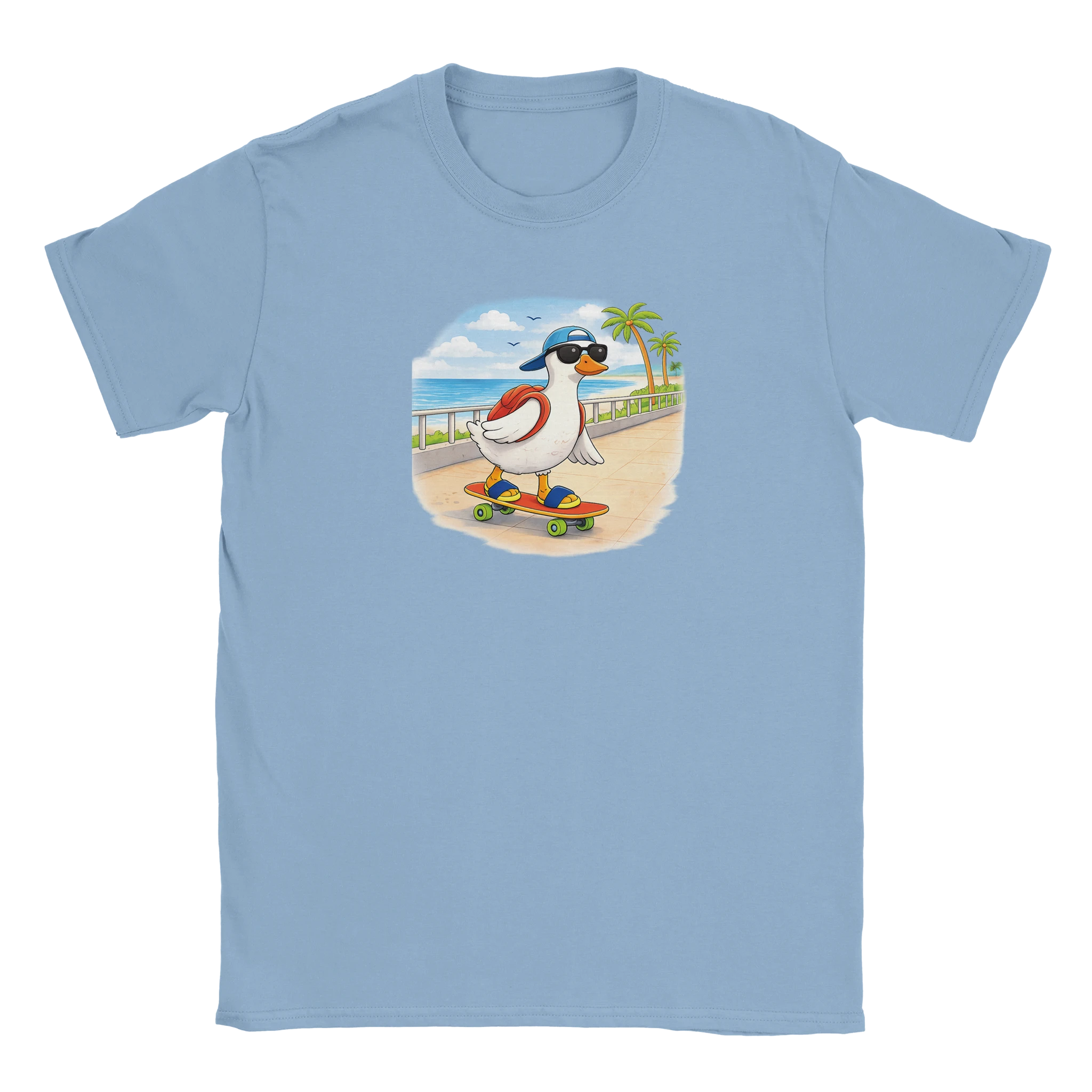 Light blue duck skateboard t-shirt with beach design casual summer shirt
