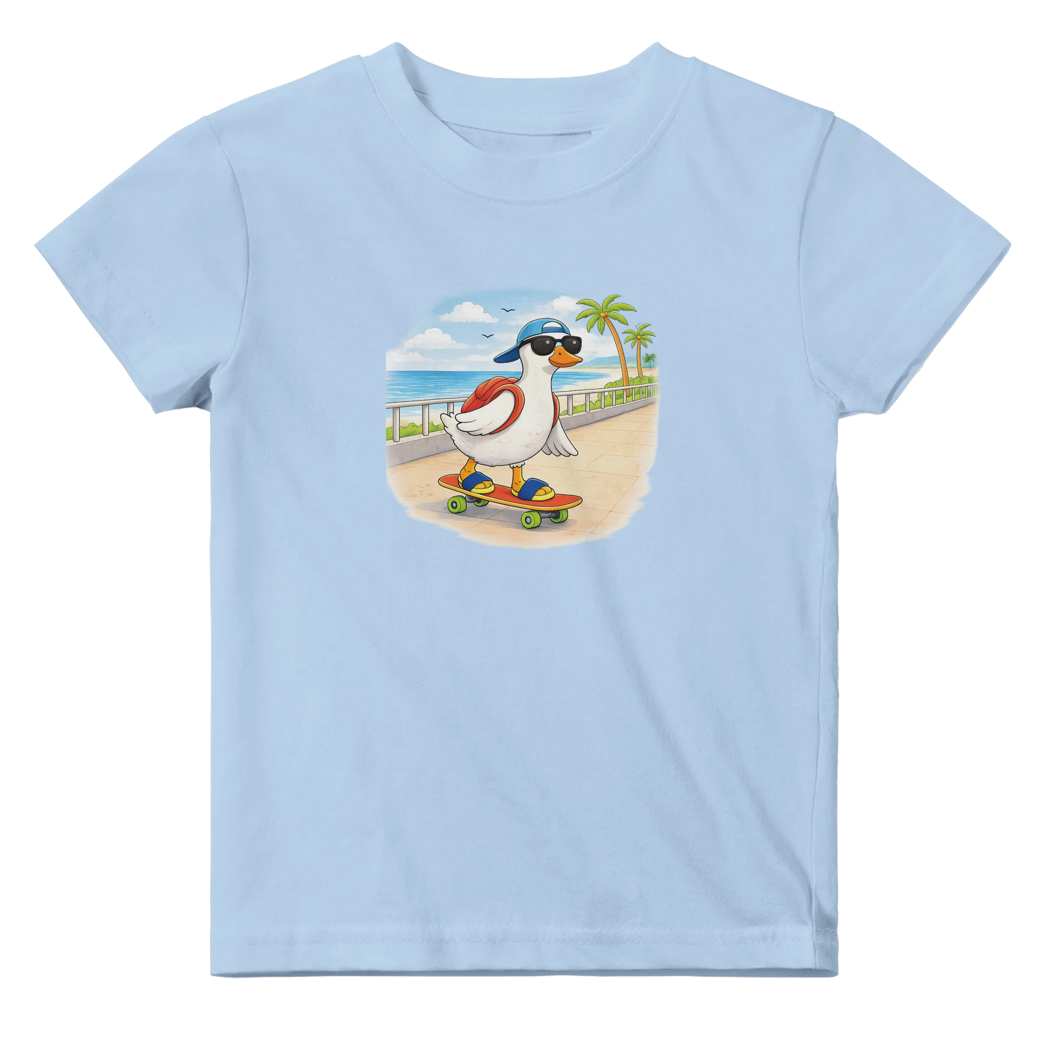 Light blue baby duck skateboard t-shirt with cute animal graphic, infant summer outfit and matching family baby clothing
