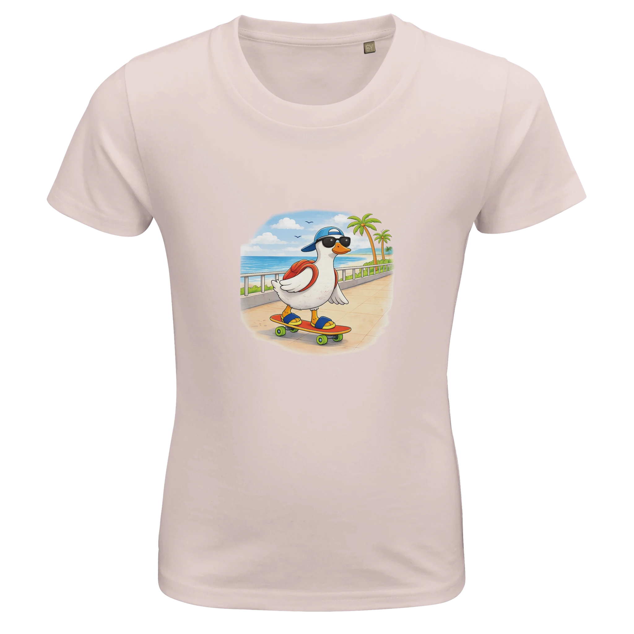 Kids pink duck skateboard t-shirt, cute summer holiday shirt for girls, matching family vacation outfits available