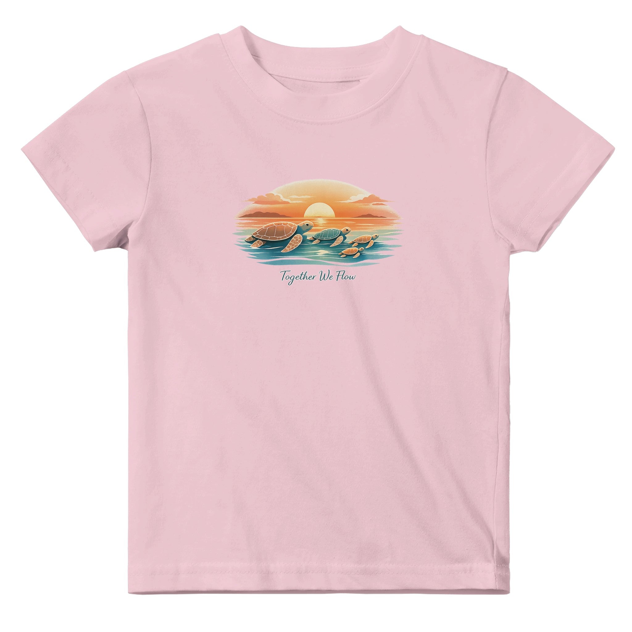Soft pink kids turtle sunset t-shirt with “Together We Flow” design – cute baby girl beach outfit top