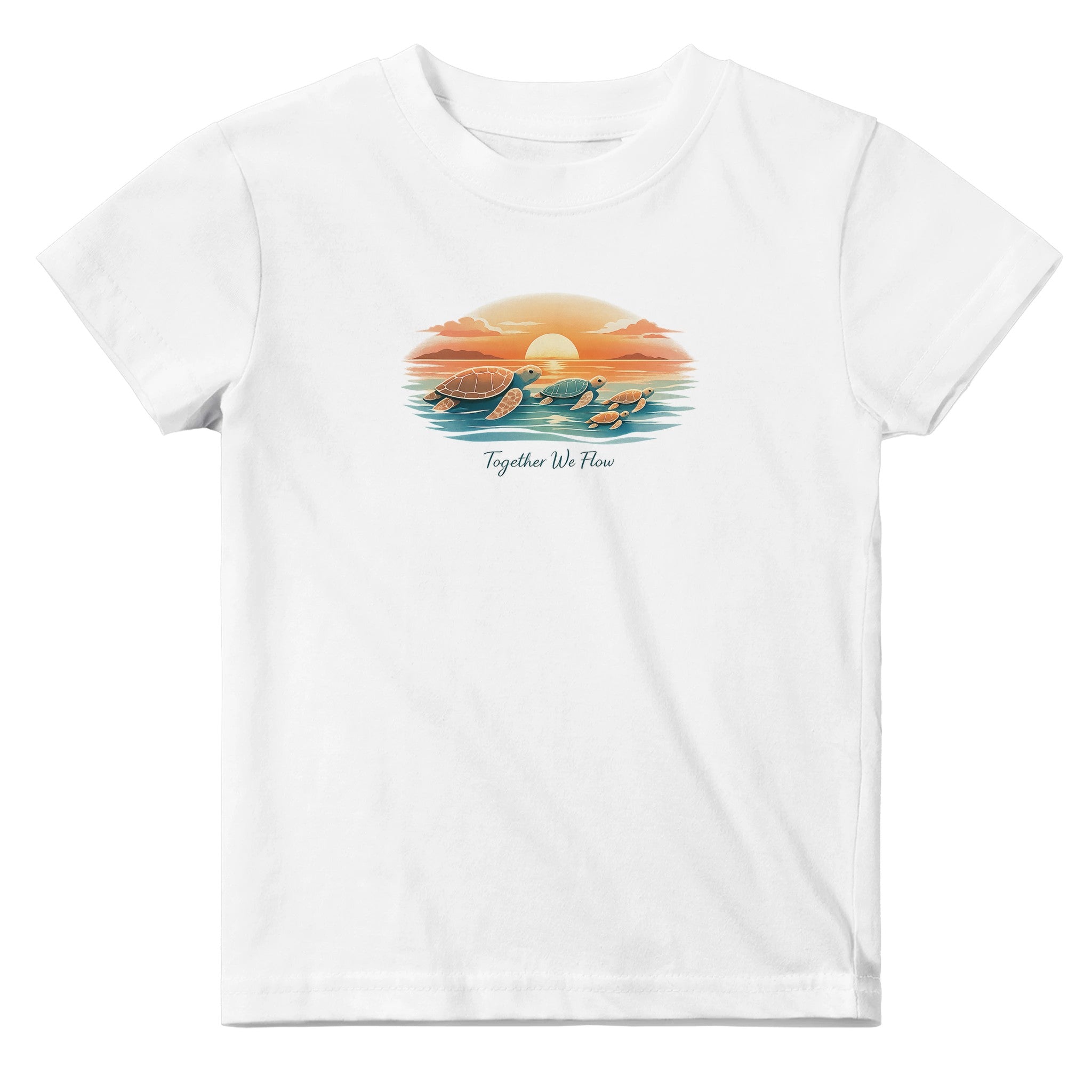 Kids white turtle sunset t-shirt with “Together We Flow” beach graphic – baby and toddler ocean themed tee