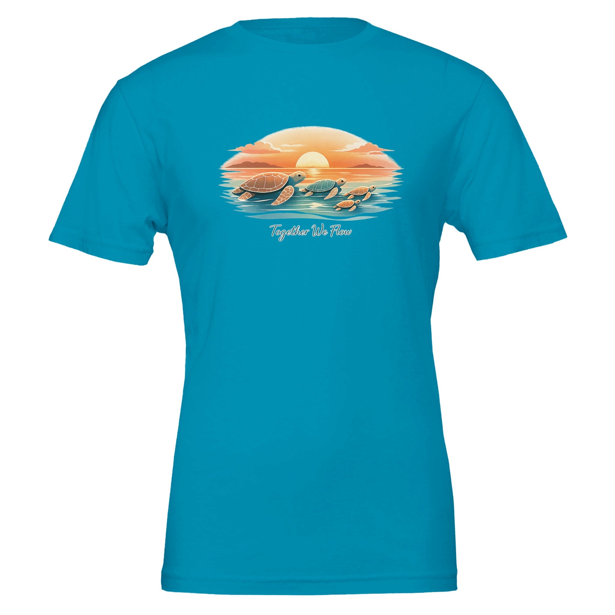 Women’s sea turtle sunset t-shirt in aqua,  casual summer graphic tee