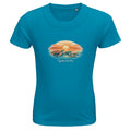 Aqua blue kids t-shirt with ocean sunset and sea turtle graphic, “Together We Flow” kids beach shirt