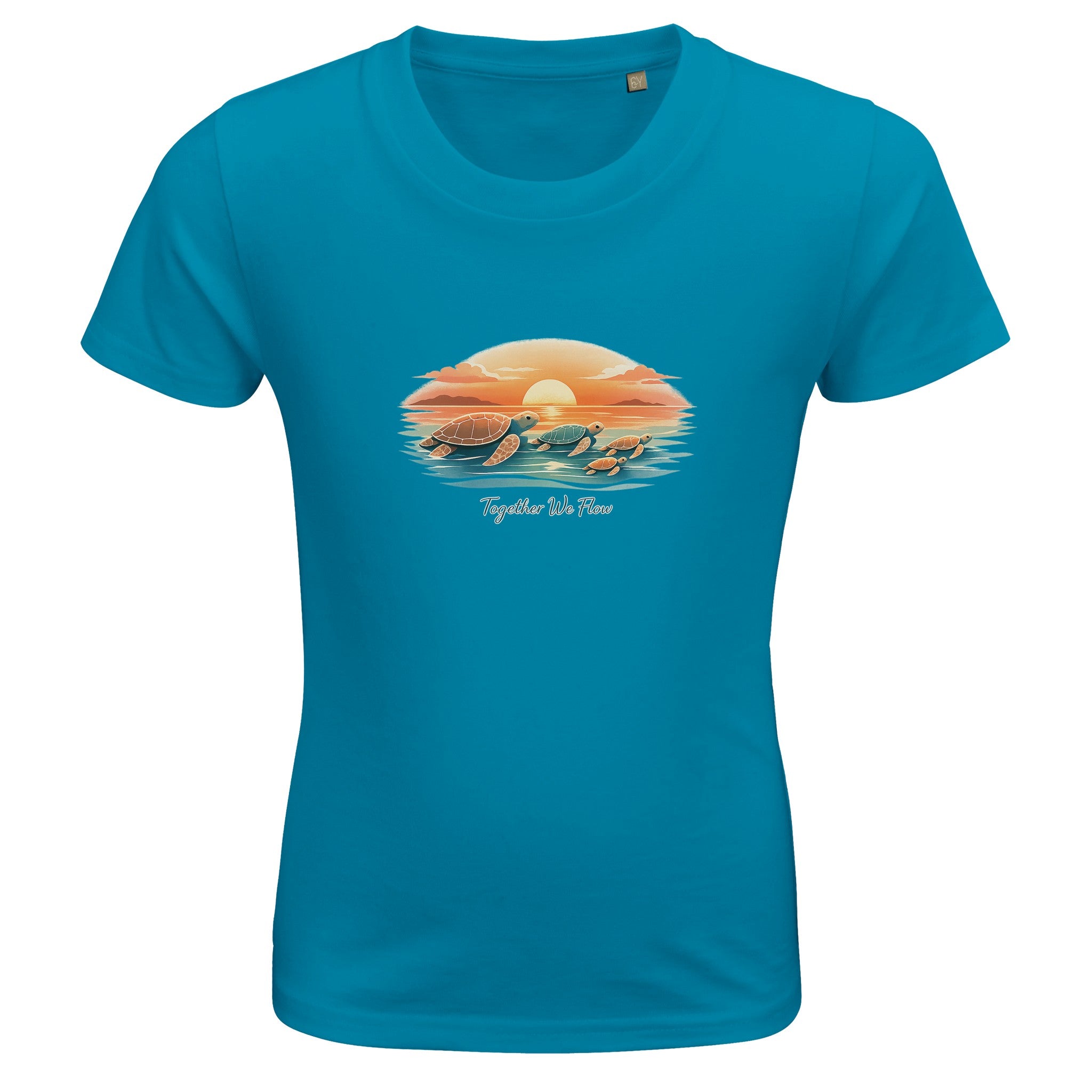 Aqua blue kids t-shirt with ocean sunset and sea turtle graphic, “Together We Flow” kids beach shirt