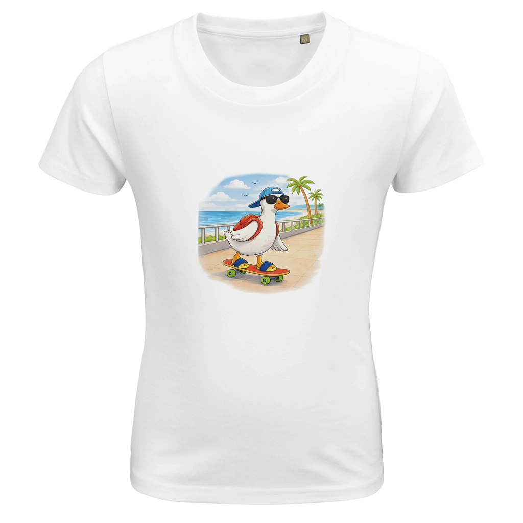 Kids white duck skateboard t-shirt, funny summer beach shirt for boys and girls, matching family holiday outfits