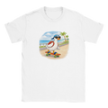 White graphic t-shirt with cartoon duck skateboarding design, worn with striped pants on a sunny beach