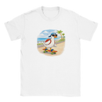 White graphic t-shirt with cartoon duck skateboarding design, worn with striped pants on a sunny beach