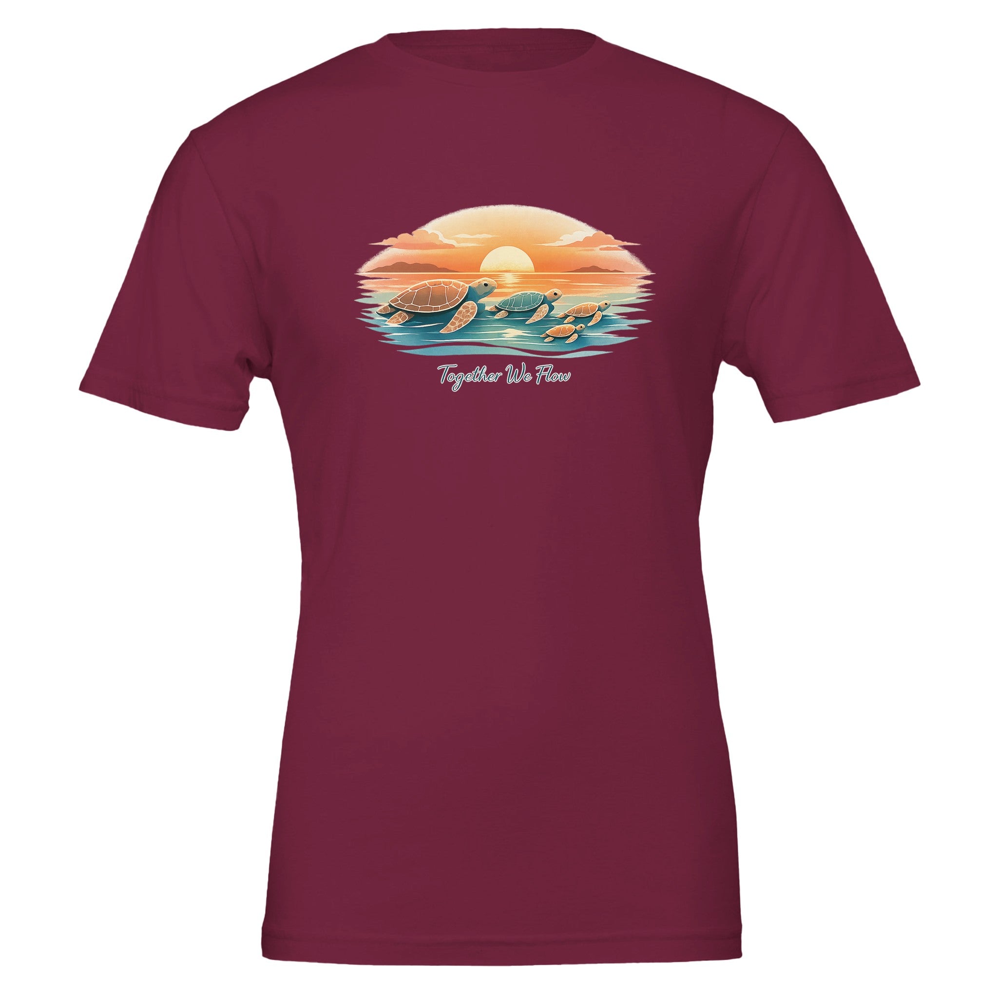 Women’s sea turtle sunset t-shirt in maroon, casual summer graphic tee