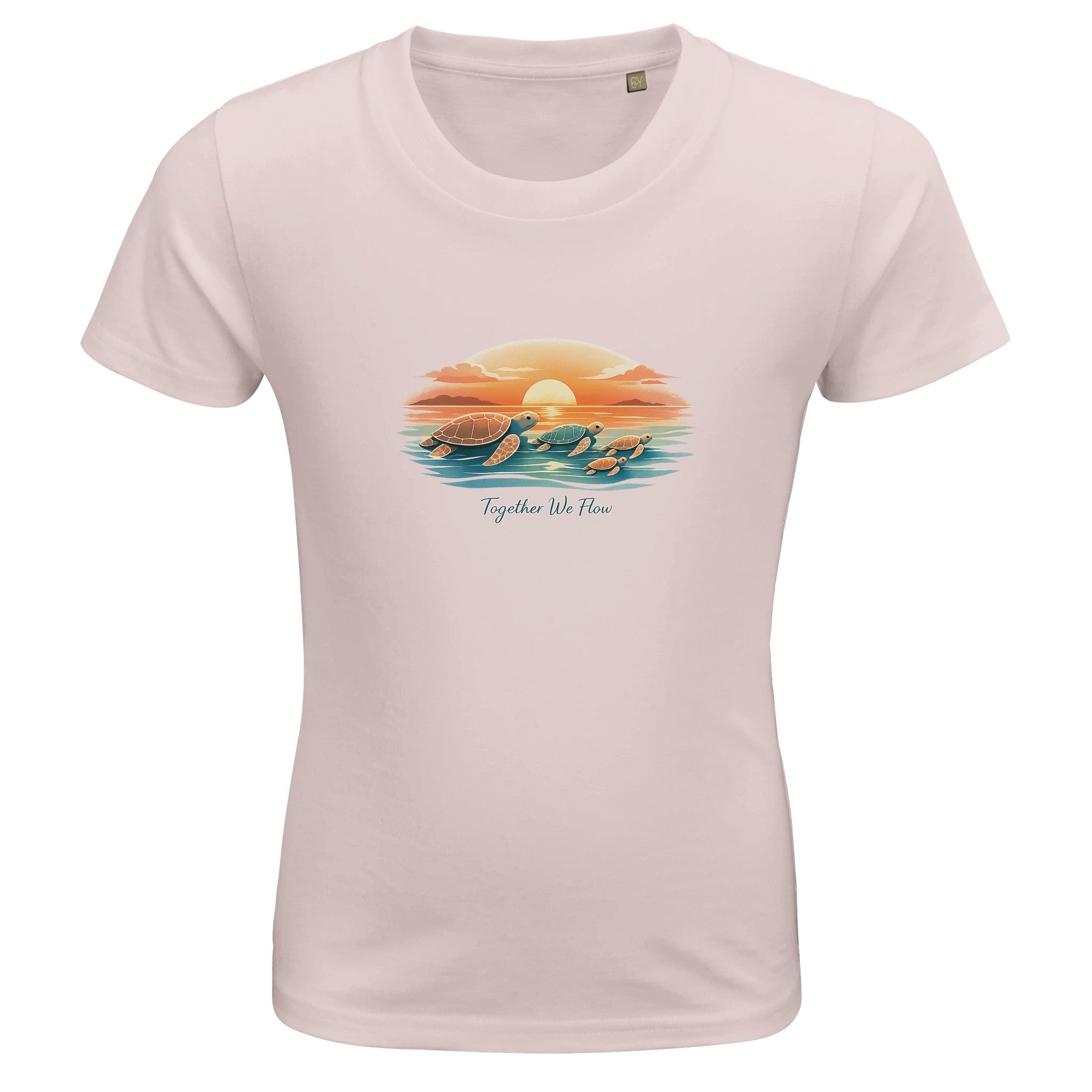 Soft pink kids t-shirt with sea turtle sunset design and “Together We Flow” text, cute beach style shirt for girls