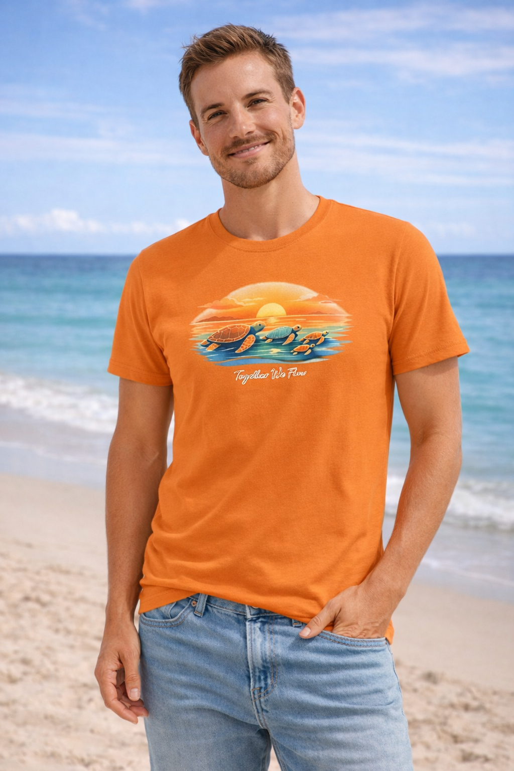 Man wearing matching family turtle shirt at beach, tropical sunset design summer clothing