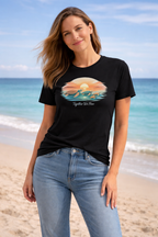 Women’s sea turtle sunset graphic t-shirt, soft cotton beach tee with ocean-inspired design, perfect for summer outfits