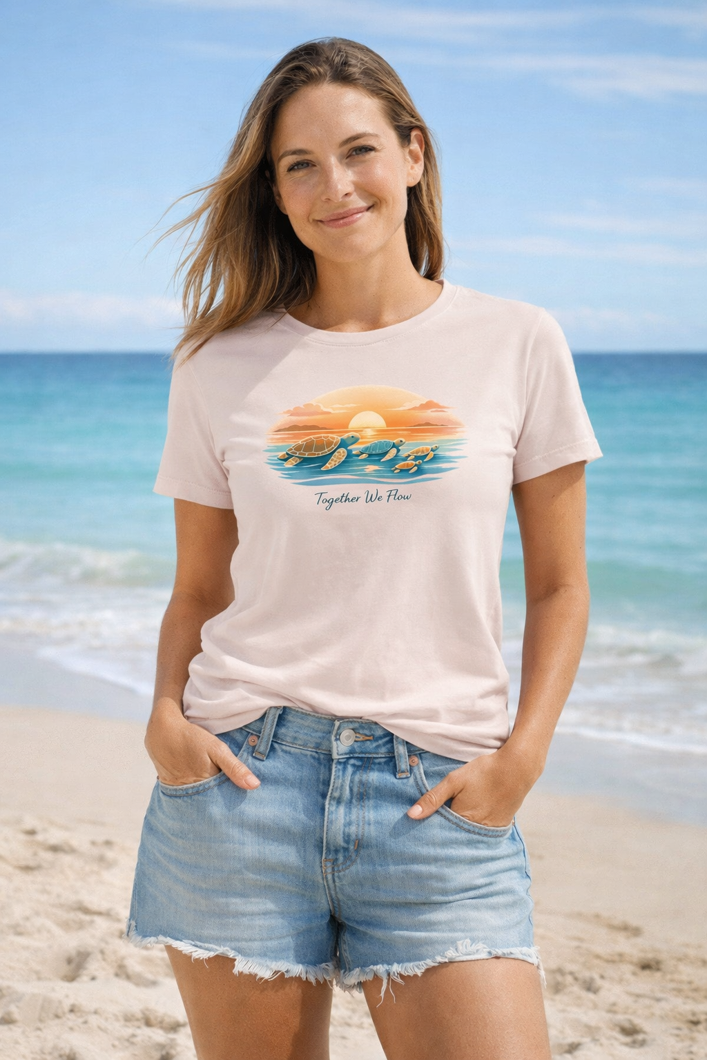 Ocean themed women’s t-shirt with turtle sunset illustration, stylish coastal vibe clothing