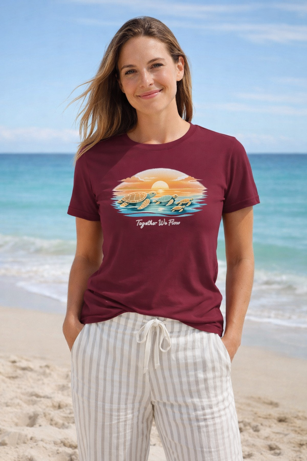 Soft women’s beach graphic tee with sea turtle print, lightweight summer t-shirt for everyday wear