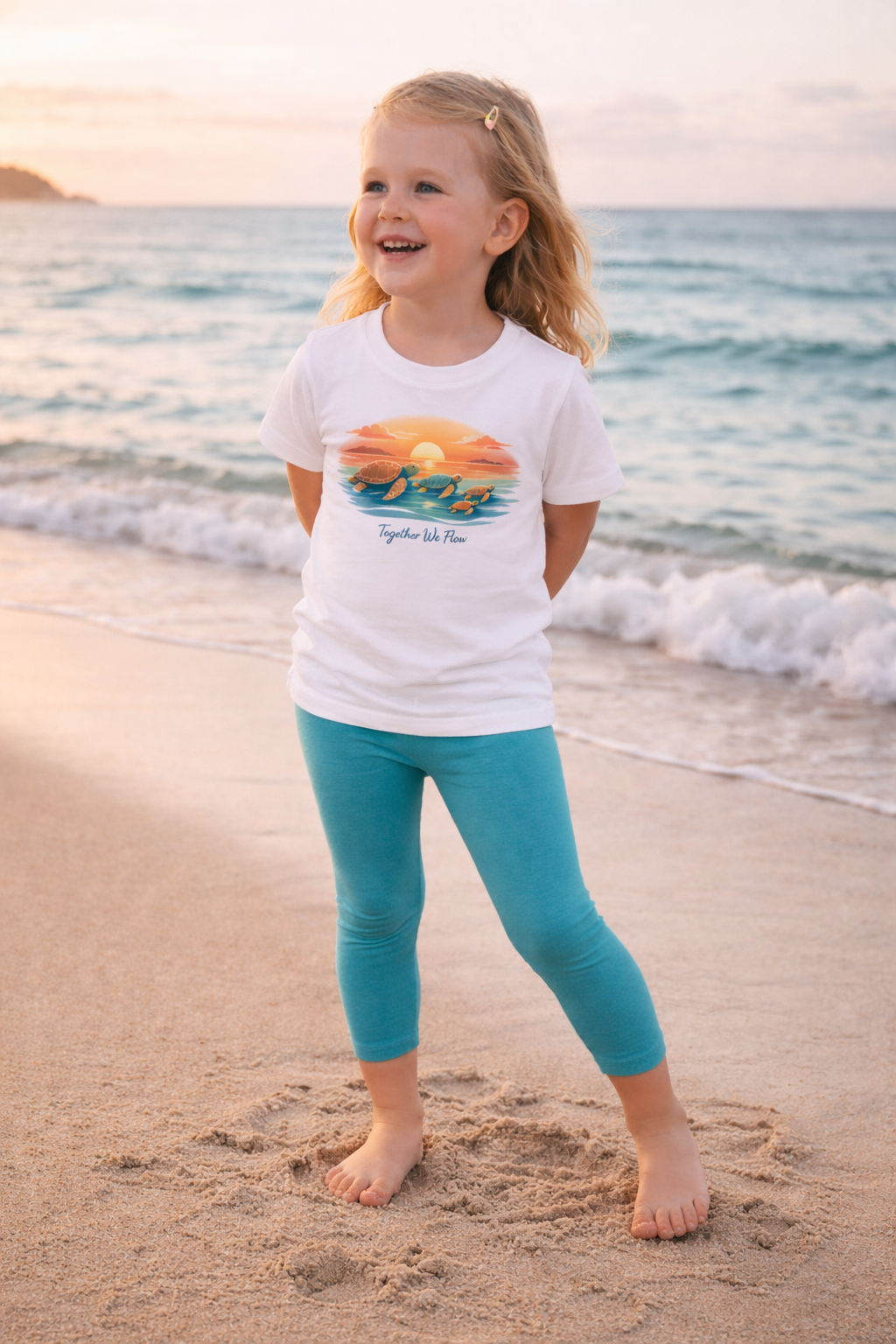 Girl wearing white sea turtle sunset kids t-shirt with turquoise leggings standing barefoot on sandy beach