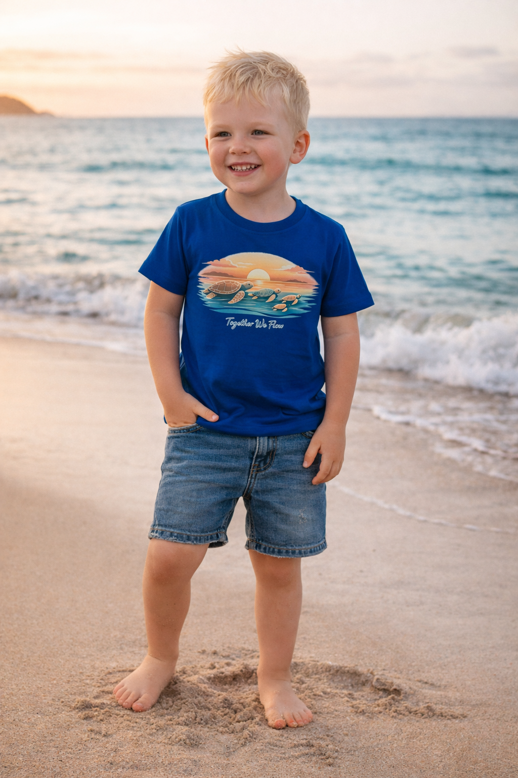 Boy wearing navy sea turtle sunset t-shirt and denim shorts playing on beach at golden hour