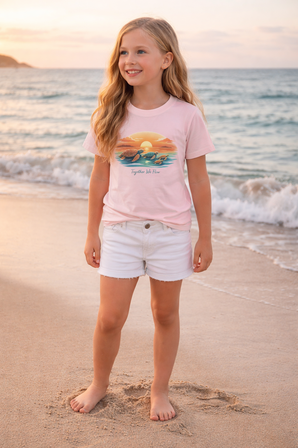 Happy kid wearing ocean themed turtle sunset t-shirt during seaside sunset, summer kids fashion