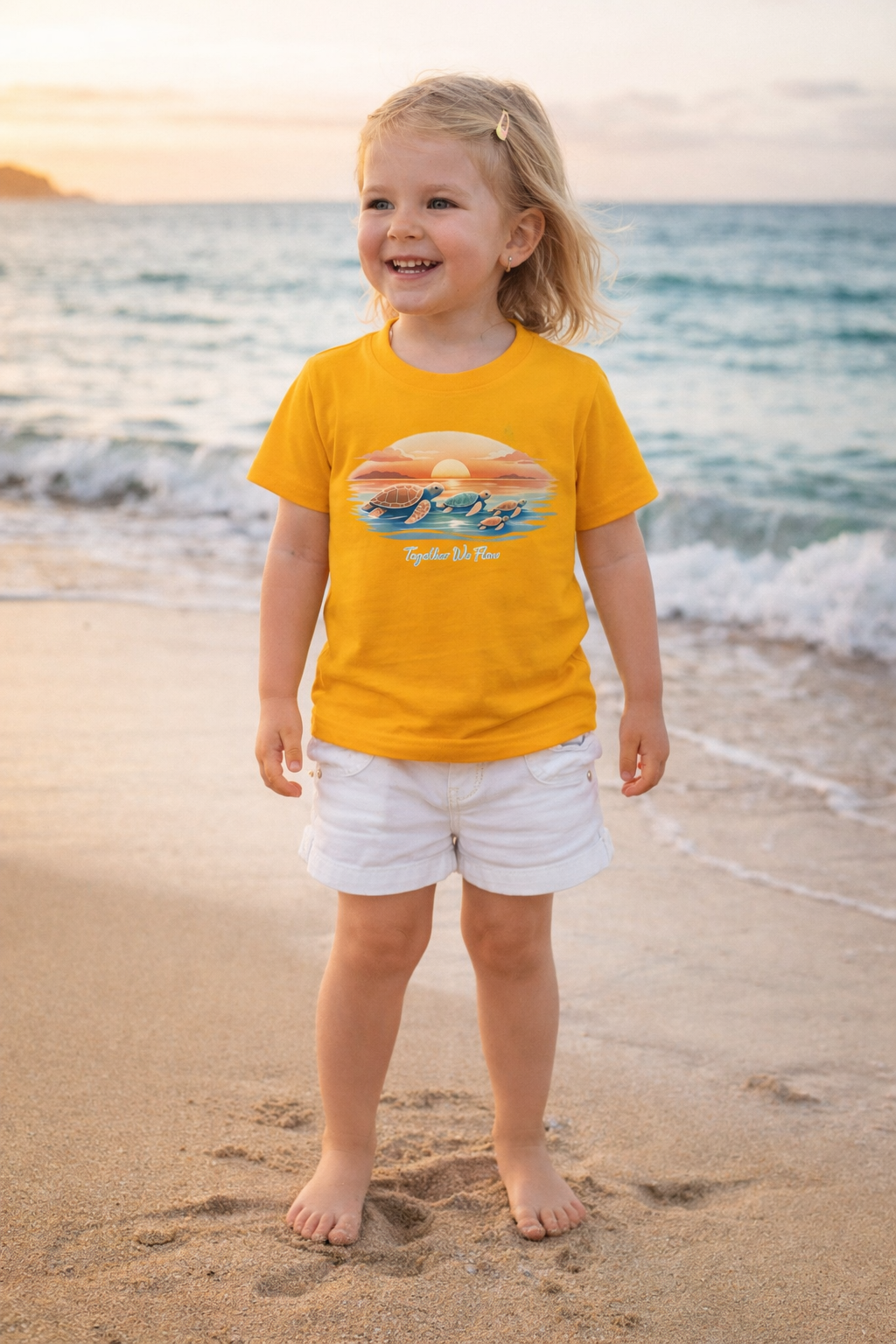 Child modeling colorful sea turtle beach t-shirt with “Together We Flow” slogan near ocean waves