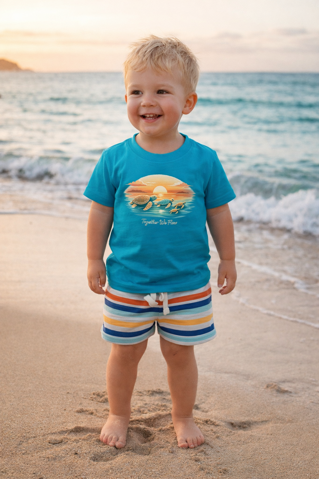 Young child wearing sea turtle sunset kids t-shirt on beach at sunset, “Together We Flow” ocean themed clothing