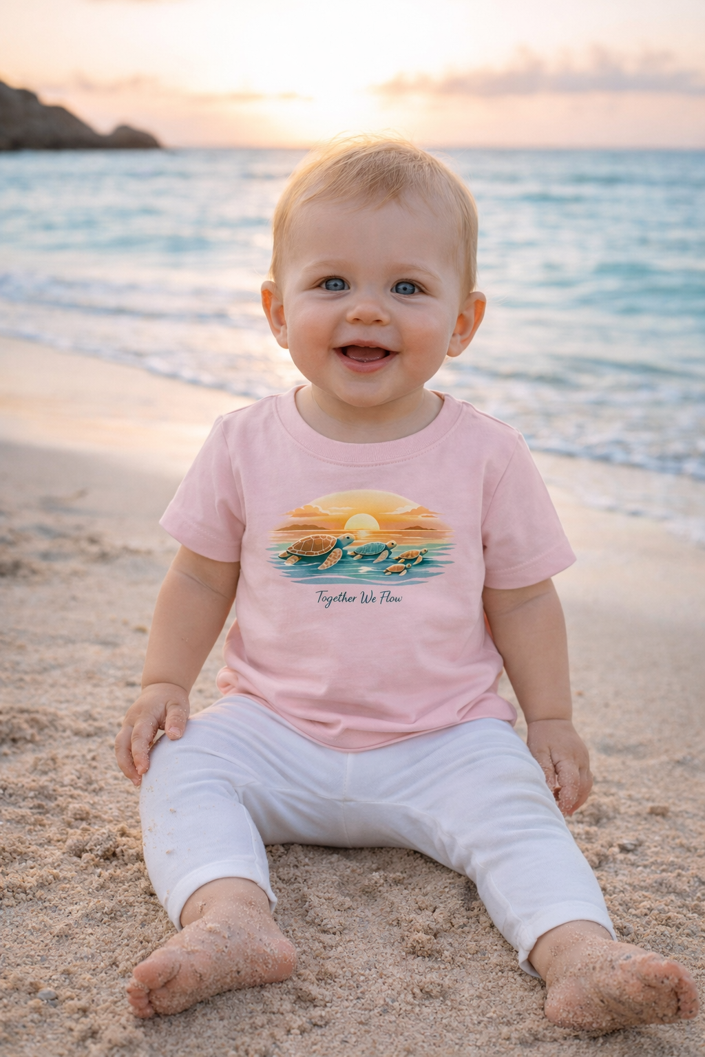 Baby girl wearing soft pink turtle sunset t-shirt and white leggings sitting on sandy beach
