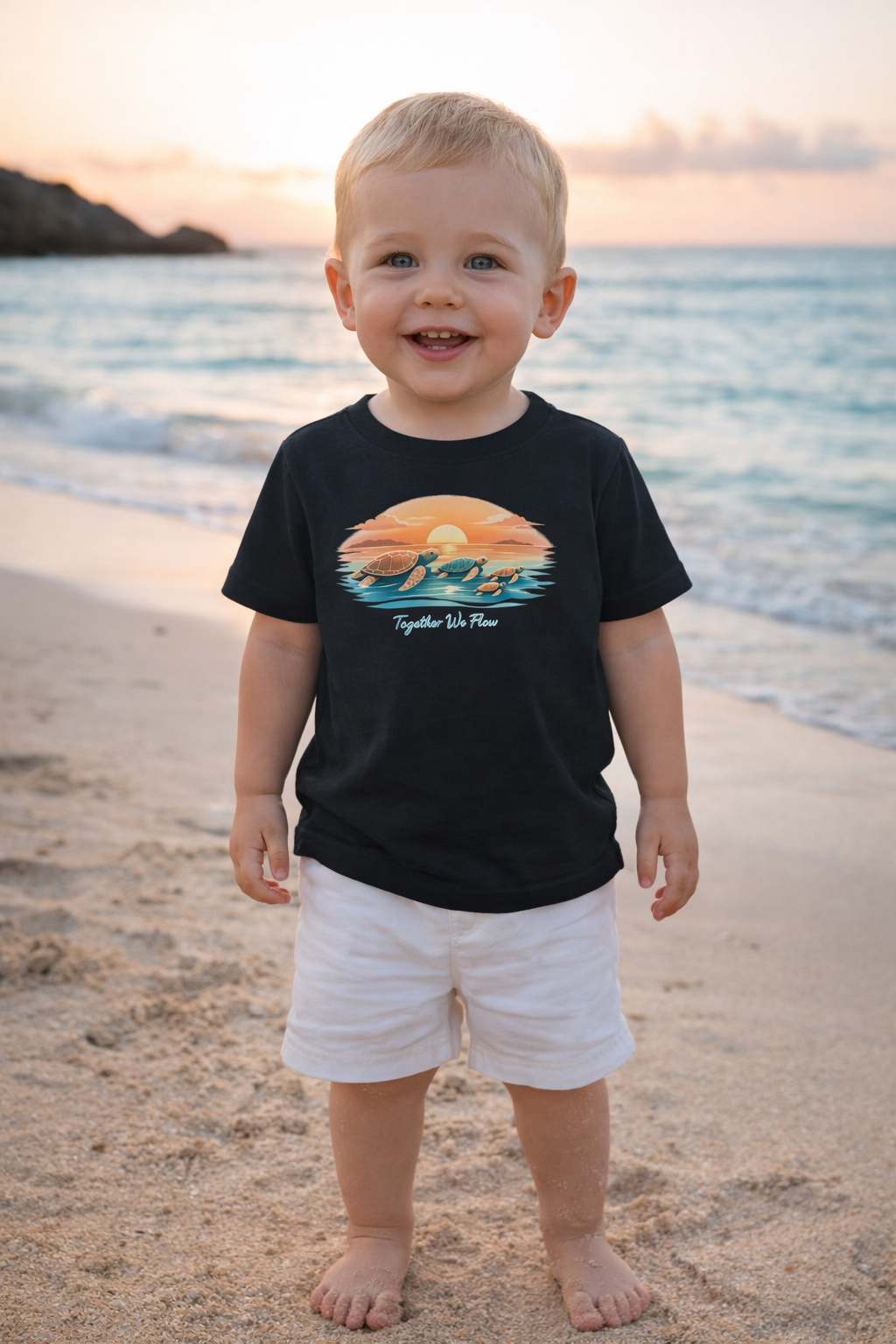 Toddler boy wearing black turtle graphic t-shirt and white shorts on beach at sunset