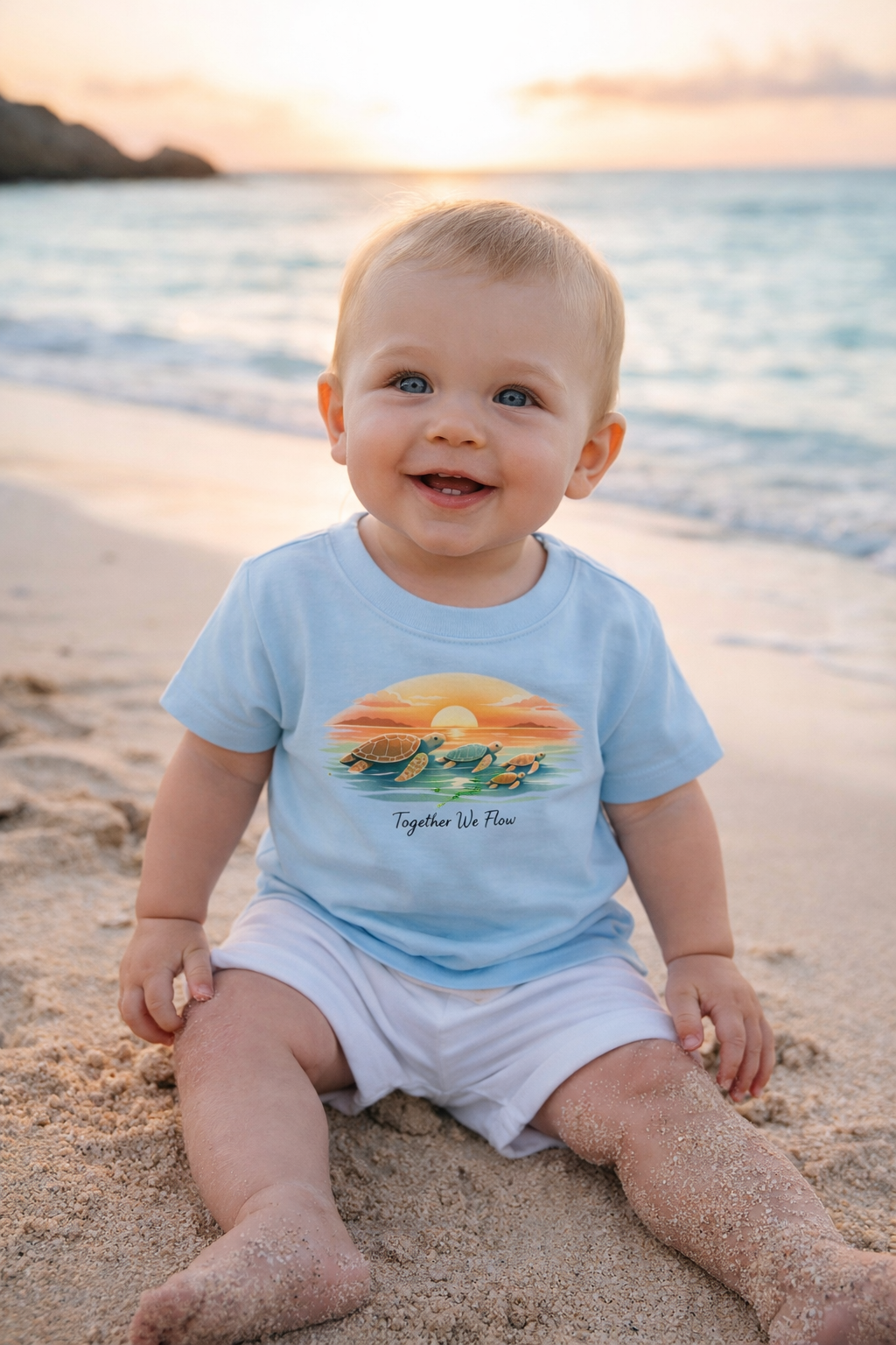 Baby wearing light blue turtle sunset t-shirt sitting on sandy beach – cute summer baby outfit