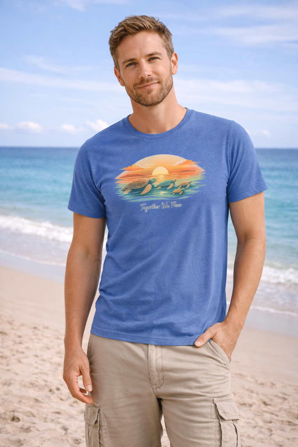 Model wearing blue turtle sunset t-shirt on sandy beach, relaxed summer vacation style