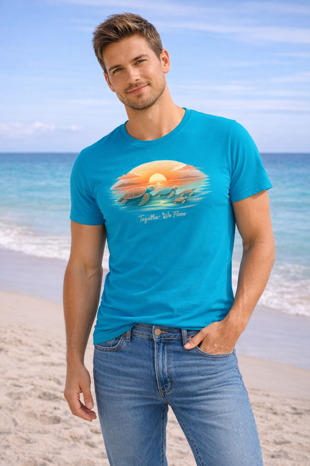 Man in tropical beach graphic tee with sea turtles, coastal lifestyle summer fashion