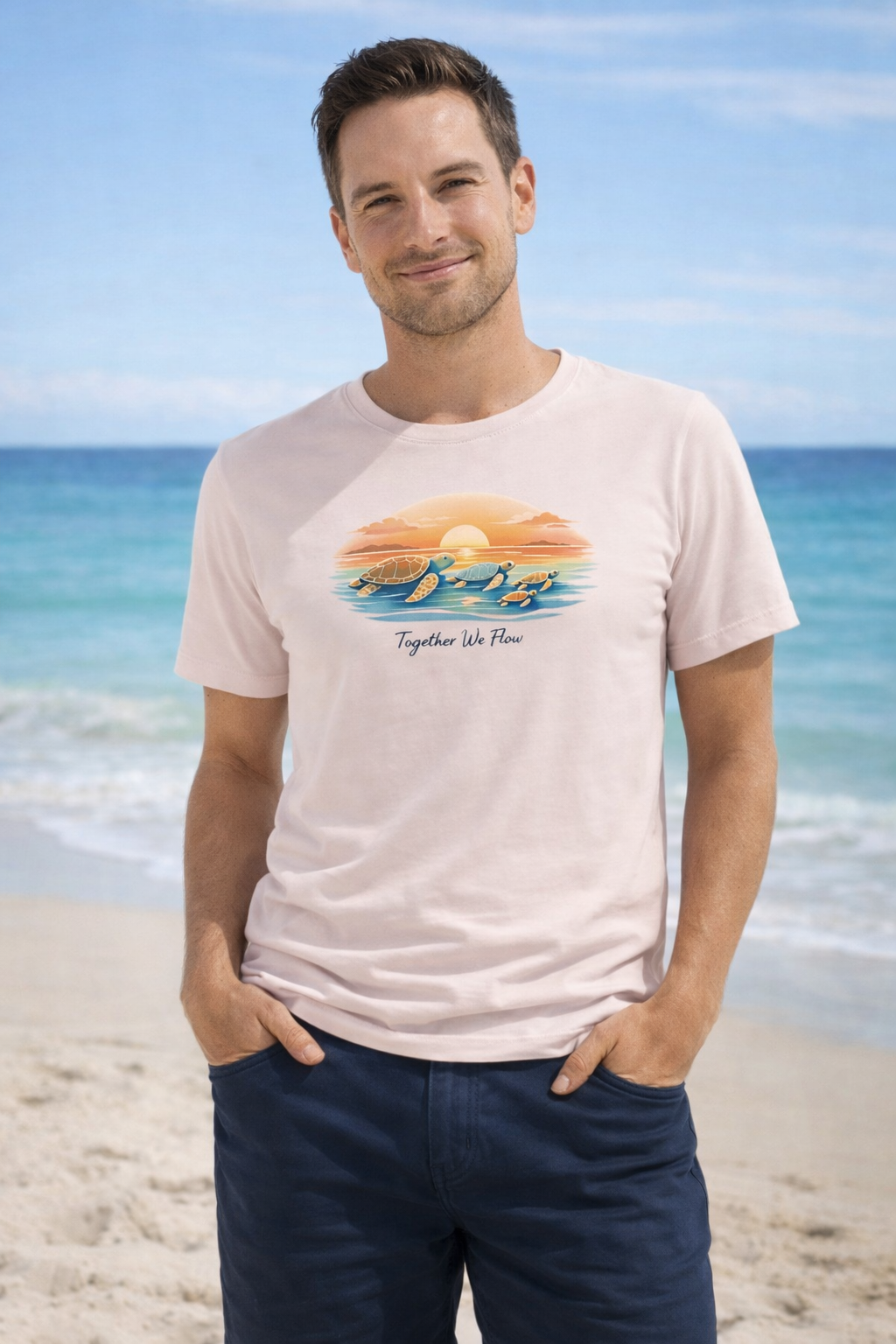 Male model wearing sunset turtle shirt outdoors, ocean inspired casual summer outfit