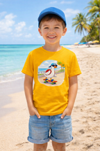 Young boy wearing yellow duck skateboard beach t-shirt, kids summer vacation outfit, matching family holiday clothes