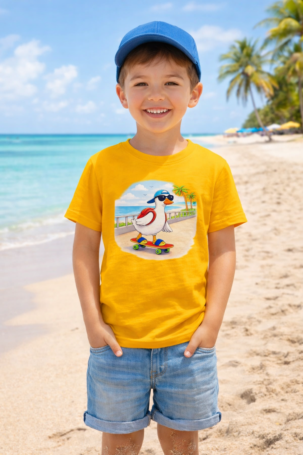 Young boy wearing yellow duck skateboard beach t-shirt, kids summer vacation outfit, matching family holiday clothes