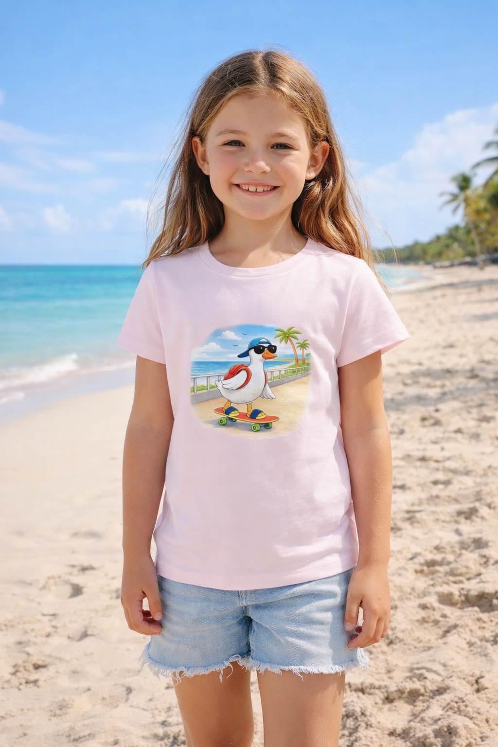 Young girl wearing pink duck skateboard t-shirt on beach, cute kids summer outfit, family matching holiday shirt