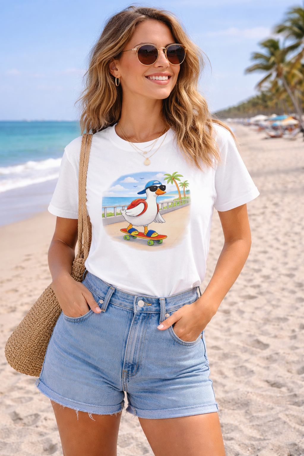 Woman wearing white graphic t-shirt with cartoon duck skateboarding on a sunny beach, paired with denim shorts and sunglasses