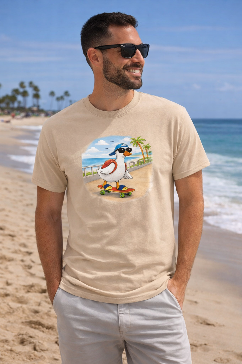Beach skateboarding duck graphic t-shirt fun summer novelty shirt for men