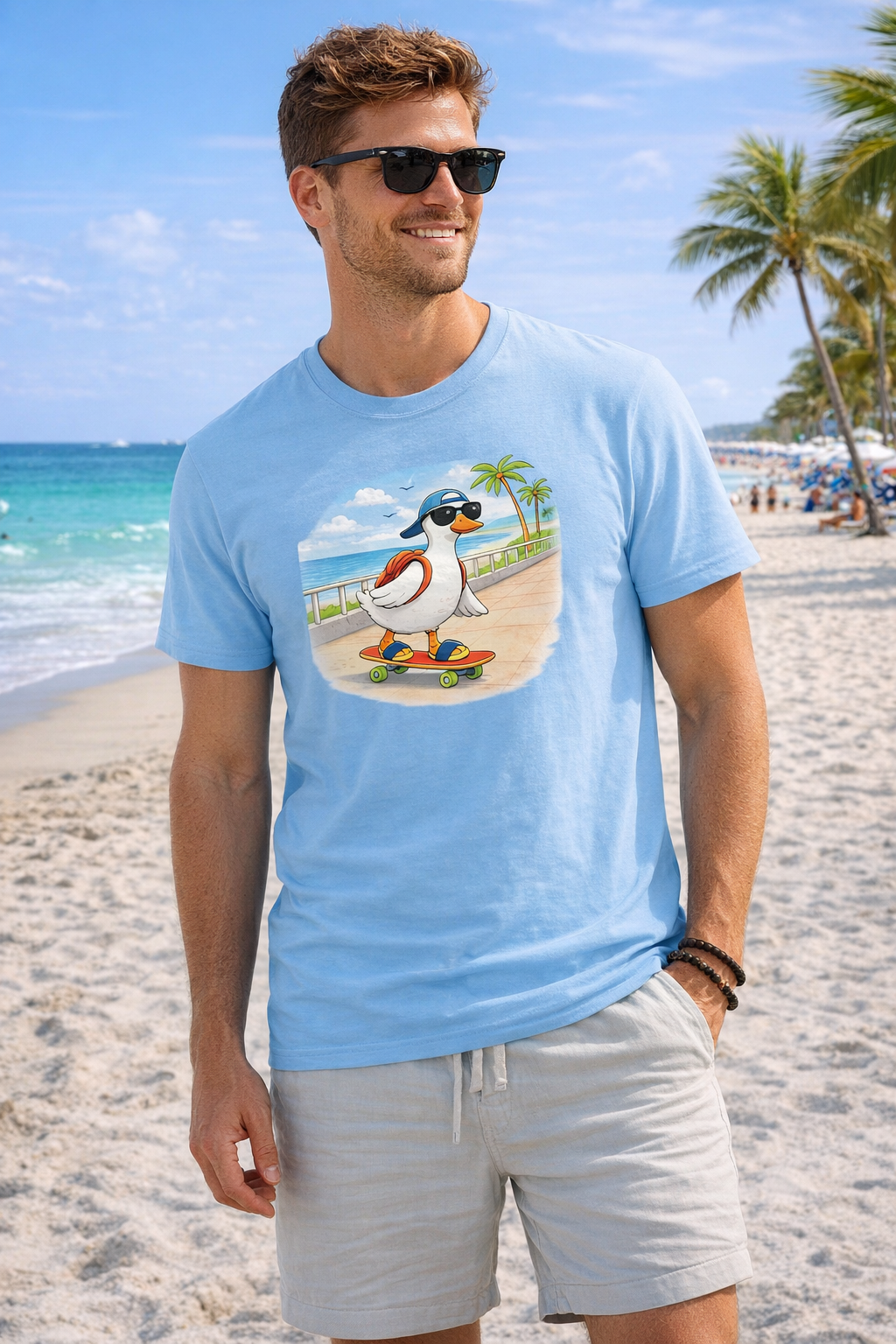 Cartoon duck skateboard t-shirt beach scene graphic summer casual tee