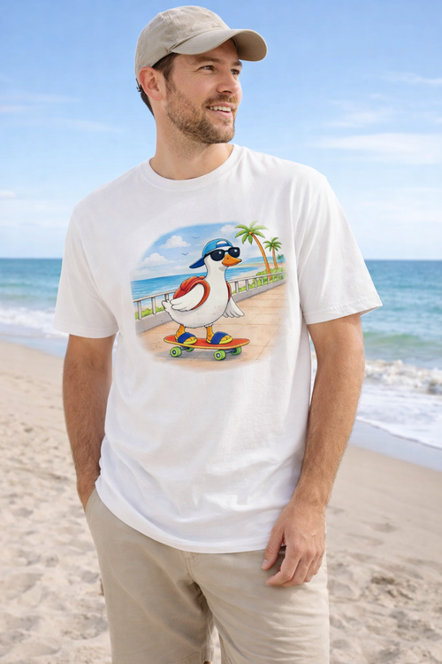 Funny skateboarding duck t-shirt with beach graphic design summer mens tee