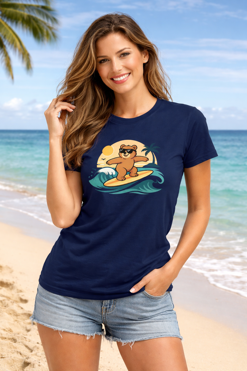Women’s Surfing Bear T-Shirt – Beach Vibes Cotton T-Shirt