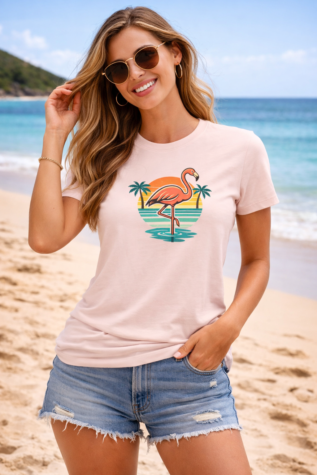 Women's Retro Flamingo Beach T-Shirt – Vintage Sunset T-Shirt