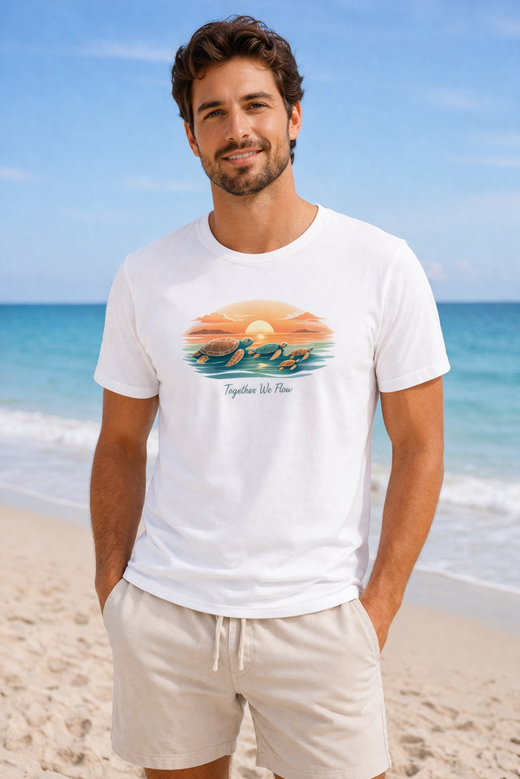 Male model in beach turtle graphic t-shirt by the ocean, casual summer coastal outfit