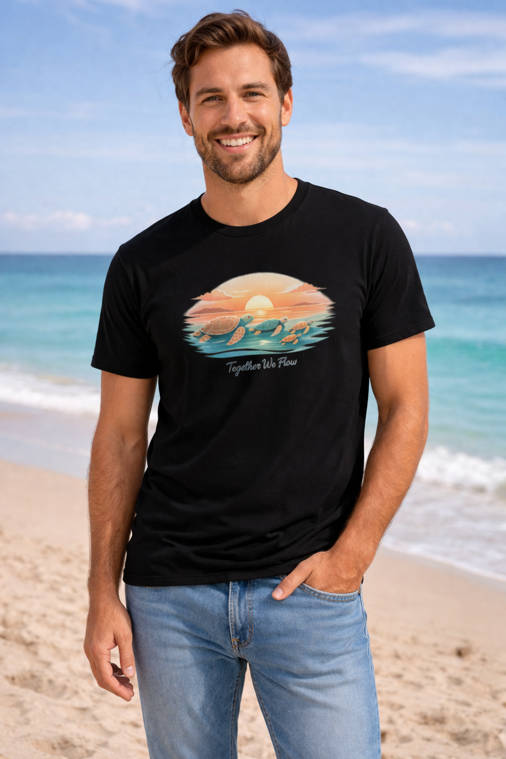 Man wearing beach themed turtle t-shirt near ocean, tropical vacation clothing for men