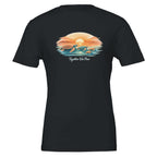 Women’s sea turtle sunset t-shirt in black, soft graphic beach tee for summer
