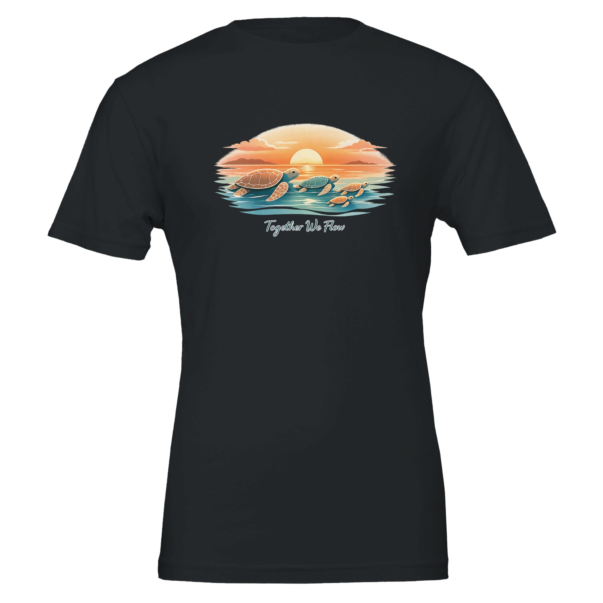 Women’s sea turtle sunset t-shirt in black, soft graphic beach tee for summer