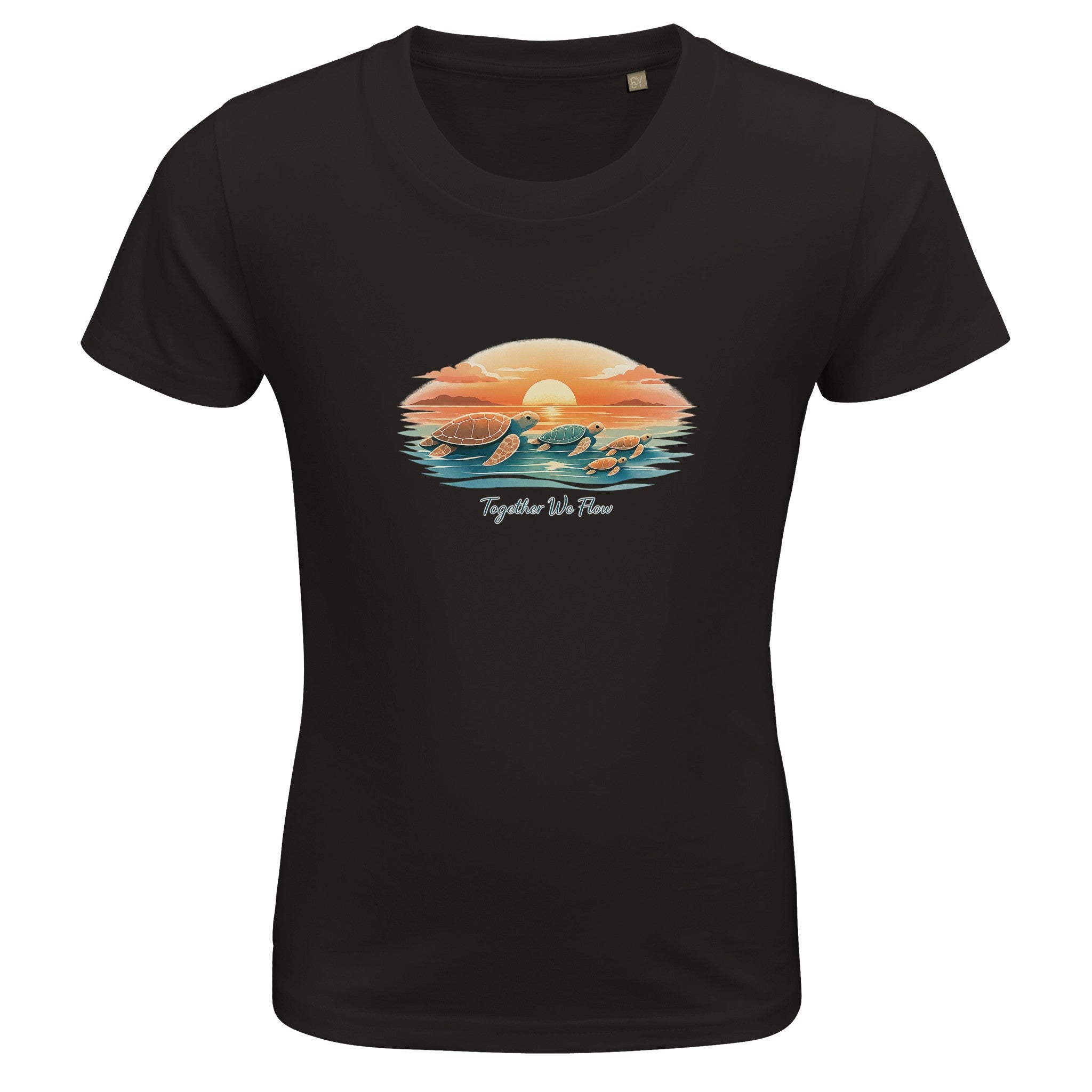 Black kids t-shirt with colorful sea turtle sunset illustration and “Together We Flow” slogan, trendy children’s graphic tee