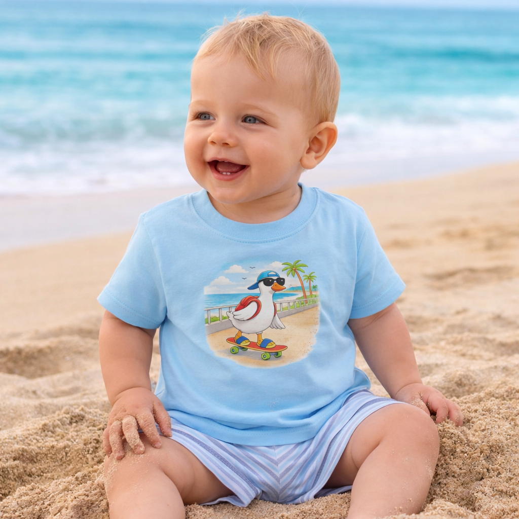 12 month old baby boy wearing blue duck skateboard graphic t-shirt on beach, fun summer kids outfit matching family tee