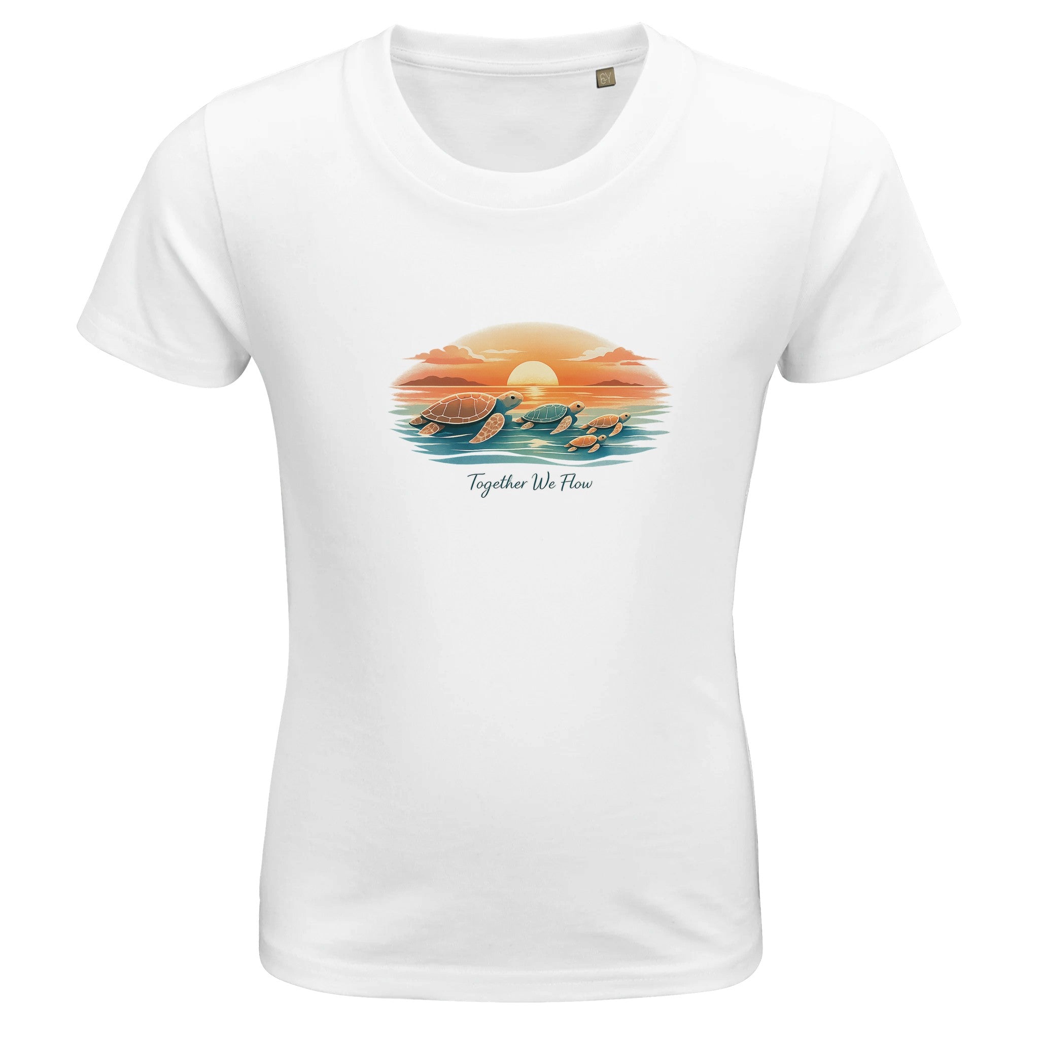 White kids t-shirt with sea turtle sunset graphic and “Together We Flow” slogan, beach-inspired children’s clothing