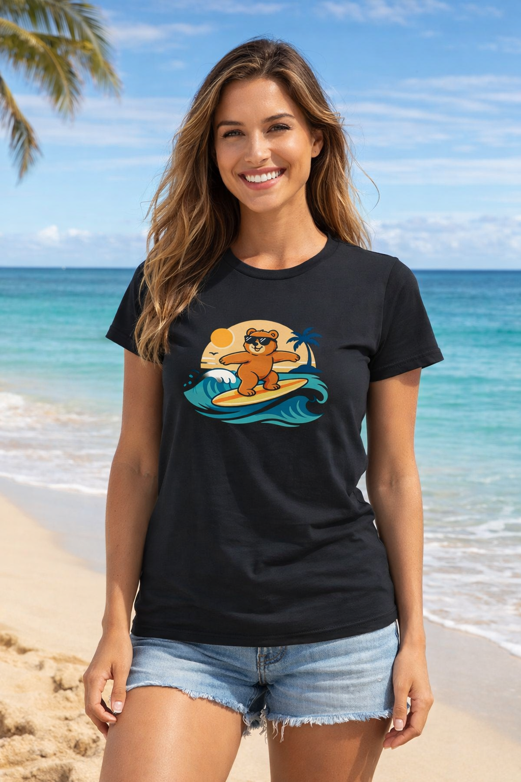 Women’s Surfing Bear T-Shirt – Beach Vibes Cotton T-Shirt