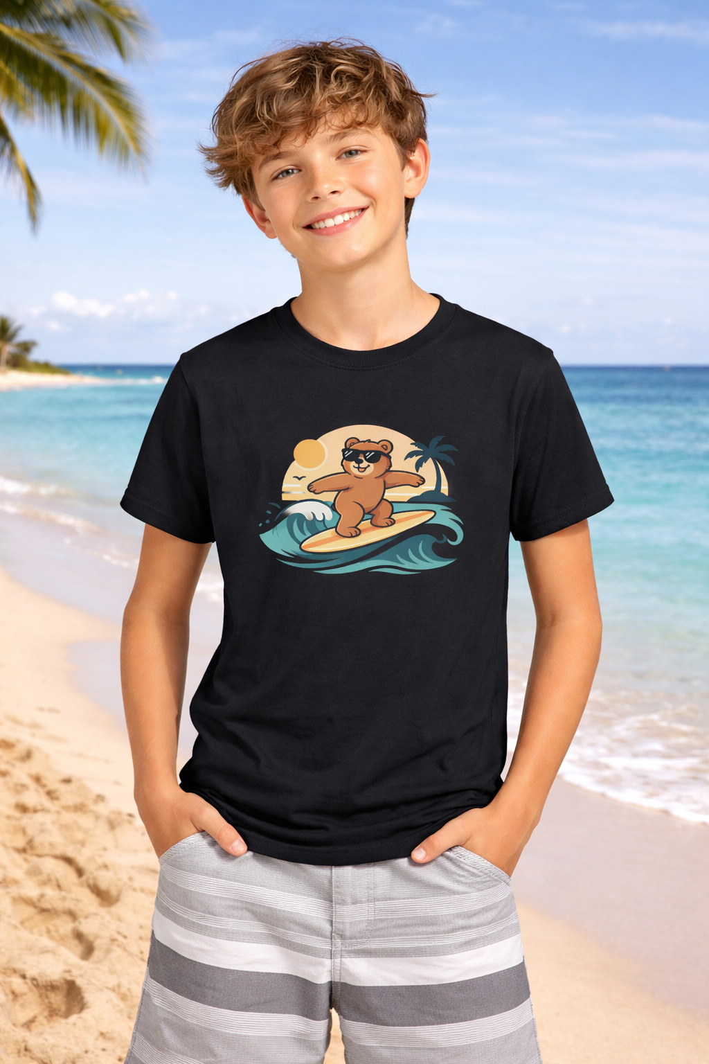 Kids Surfing Bear T-Shirt – Beach Vibes Cotton T-Shirt