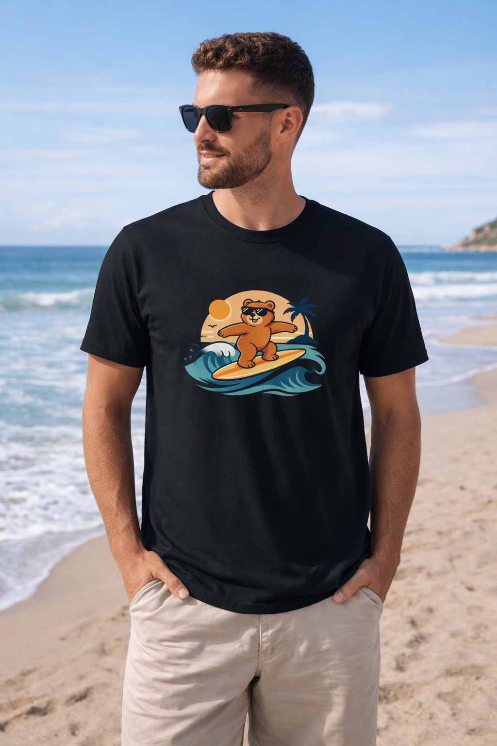 Men’s Surfing Bear T-Shirt – Beach Vibes Cotton T-Shirt