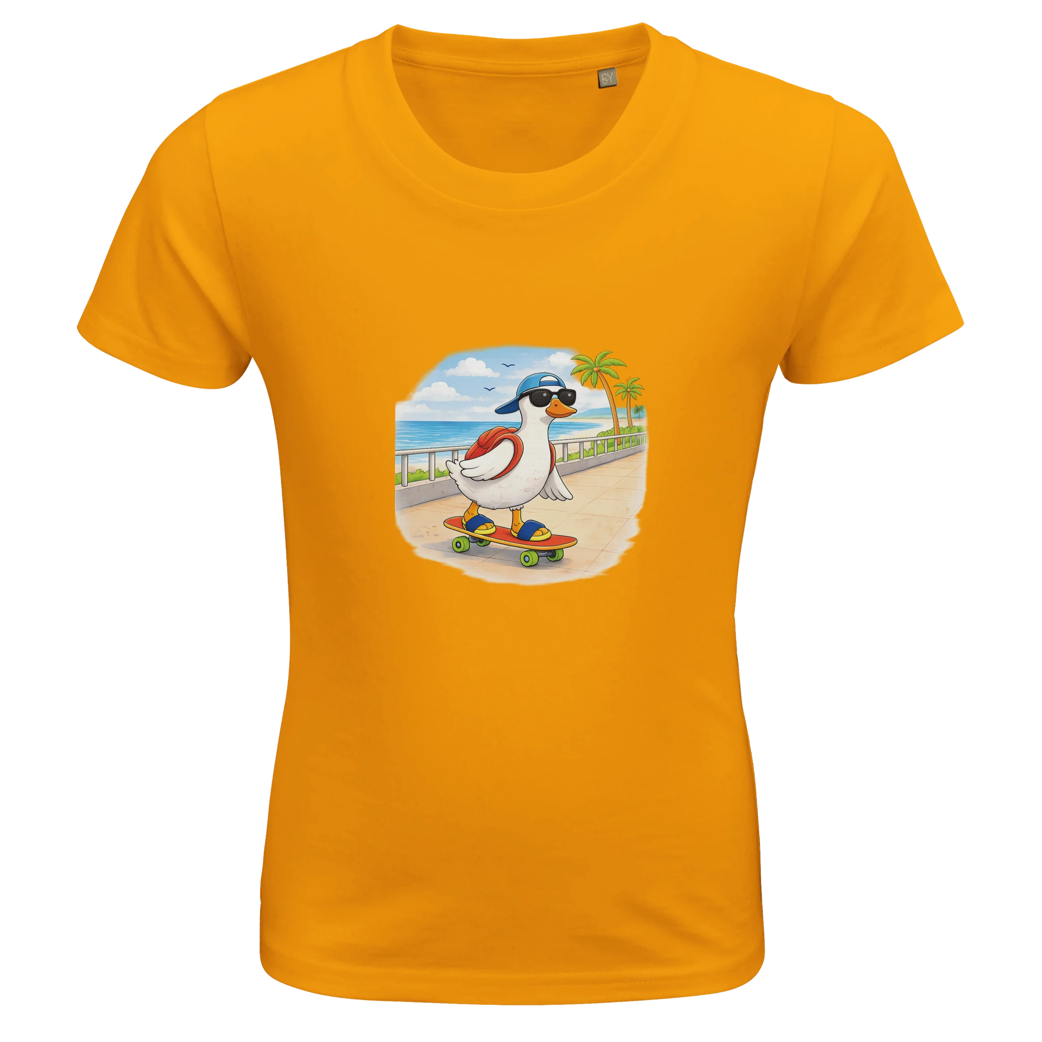 Kids yellow duck skateboard t-shirt, fun summer vacation shirt for children, matching family beach outfits