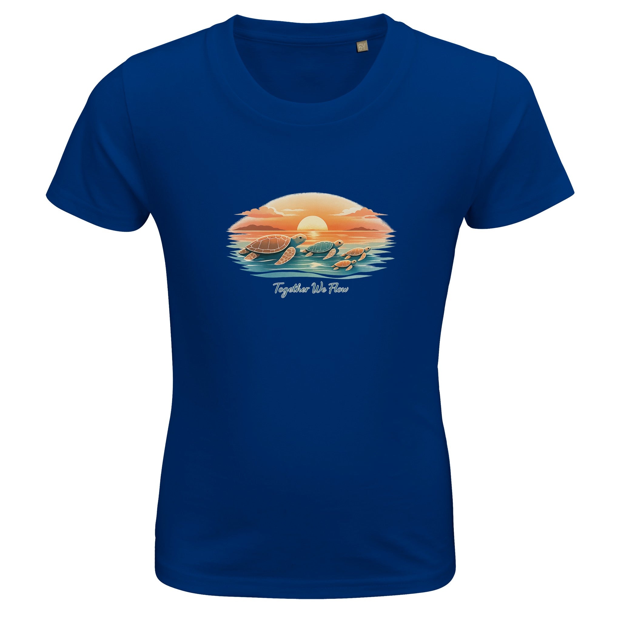 Navy blue kids t-shirt with sea turtle ocean sunset print and “Together We Flow” message, coastal themed children’s tee